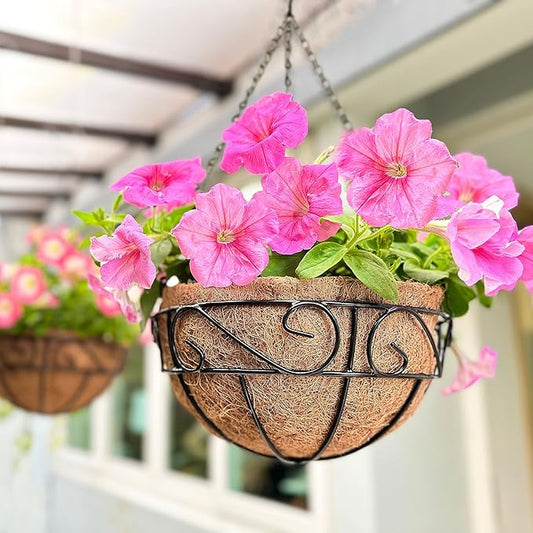 LaLaGreen Hanging Planter for Outdoor Plants (14 Inch, 2 Pack) Black Hanging Baskets with Coco Liner, Metal Wire Flower Basket Pots with Hook Hanger Balcony Porch Farmhouse Country Style Garden Decor