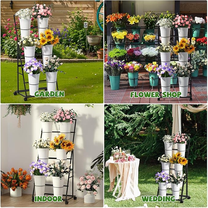 Invech Flower Display Stand with 6 Buckets and Wheels, 3 Tier Flower Cart Display Stand for Indoor Outdoor Garden, Wedding, Flower Shop (Existing Patent)