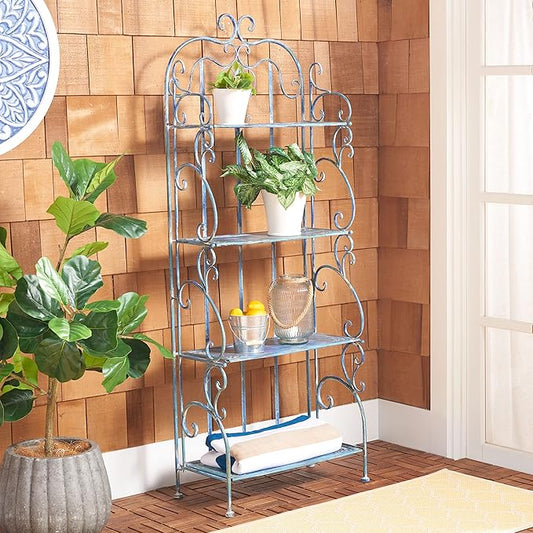 SAFAVIEH Outdoor Collection Tyrique Victorian Mossy Blue Wrought Iron 4-Tier Shelf Unit