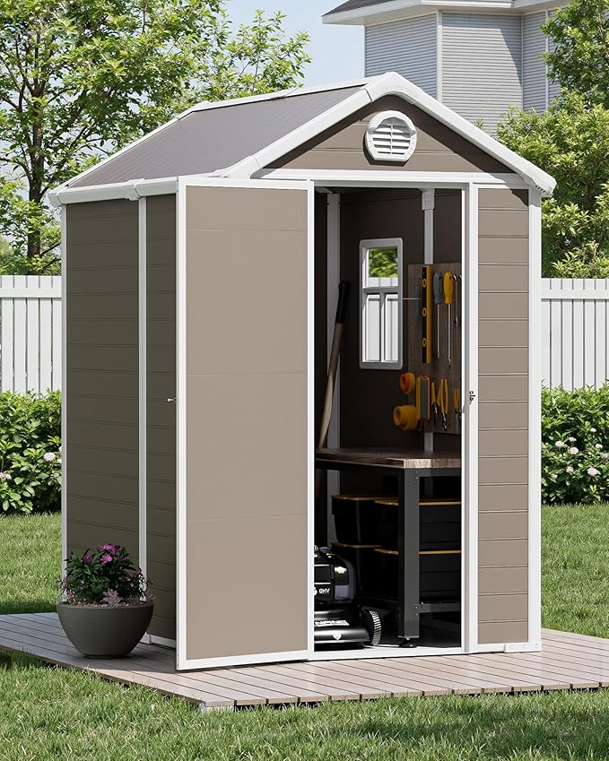 6x4.5 Large Outdoor Storage Shed with Floor, Spacious Tool Shed for Lawn Mower, Bike, and Patio Furniture, Includes Lockable Door and Ventilation, Warm Gray