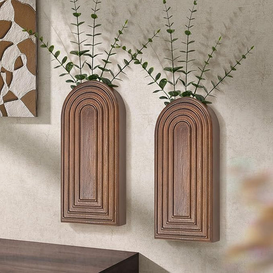 EOSAHR Pine Wood Set of 2 Wall Vases for Indoor Plants & Flowers – Farmhouse Wall Art for Living Room, Office and Home Decor – Hanging Planters with Boho Decor for Fake Plants (Brown)