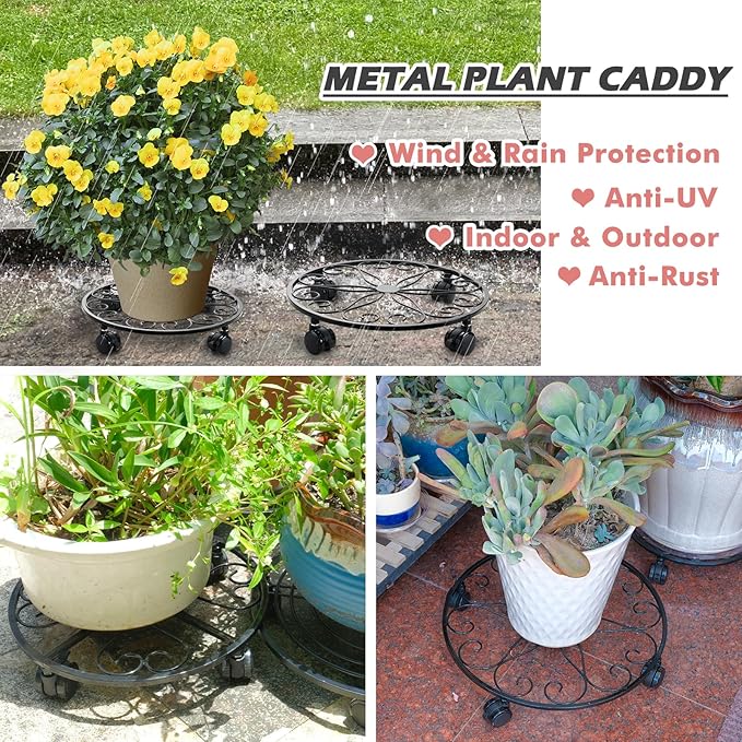 6 Pack Metal Plant Caddy with Wheels 16 Inch Large Plant Stand with Wheels Heavy Duty Wrought Iron Rolling Plant Stand Plant Dolly Plant Rollers Plant Cart Plant Mover