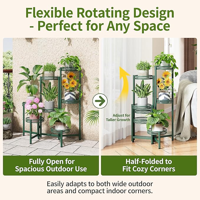 7 Tier Metal Corner Plant Stand Indoor Outdoor, Folding Tall Plant Rack, Heavy Duty Wrought Iron Flower Pot Stand, Planter Display Rack for Living Room Balcony Garden Patio - GreenFlower
