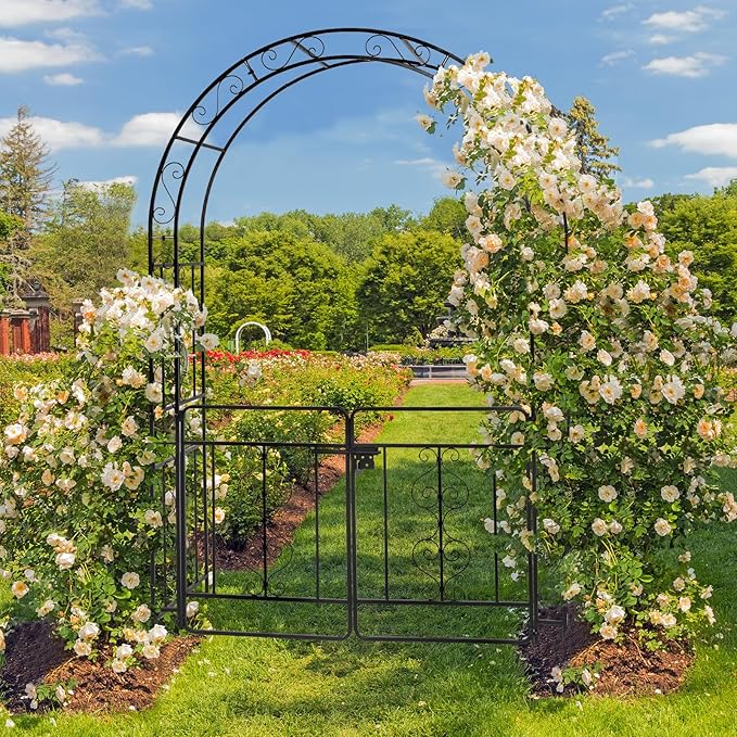 Garden Arbor with Gate, 7FT Wedding Arches for Ceremony, Metal Garden Arch for Climbing Plants Outdoor, Black Garden Archway for Lawn, Patio and Backyard, Includes Ground Stakes