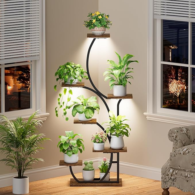 Plant Stand Indoor with Grow Lights - Lighted Indoor Plant Shelf, 57" 7 Tier Corner Plant Stands for Indoor Growing, Tall Flower Display Shelf, Metal S-Shaped Holder for Living Room, Bedroom, Black
