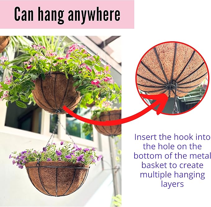 LaLaGreen Outdoor Hanging Baskets (2 Pack, 10 Inch) Hanging Planter with Coco Liner, Metal Round Wire Flower Pots Holder Hanger Hook for Deck Patio Porch Garden Balcony Outside Decor Decoration