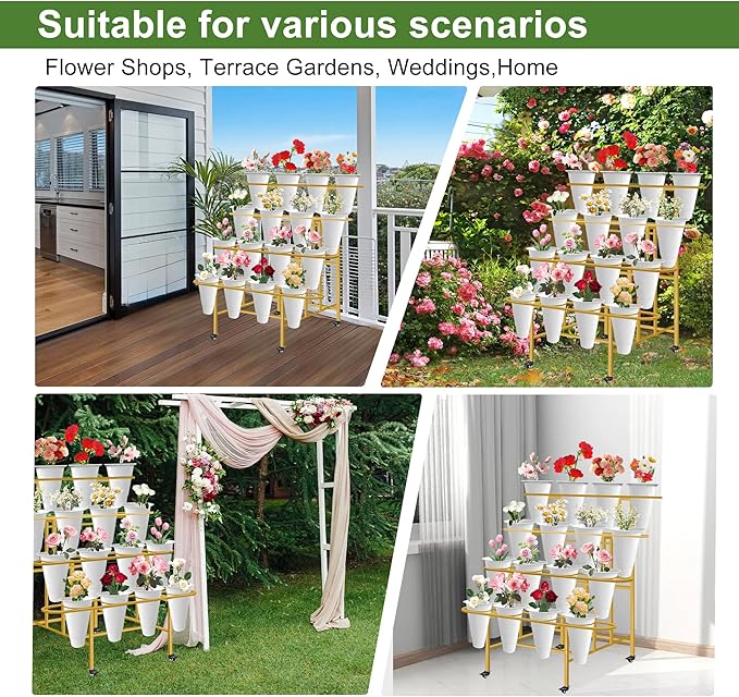 Floral Display Stand with 16 White Flower Baskets, 4-Layers Cart Display Stand with Wheels ,Sturdy Mobile Flower Bouquet Rack for Courtyard, Garden, Flower Shop, Living Room, Balcony, with Lockable Rotating Wheels (Gold)