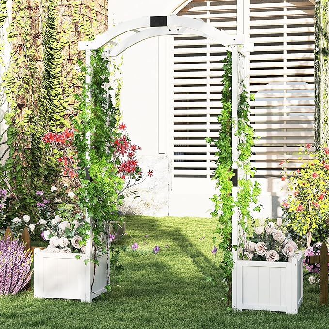 Happygrill Garden Arbor with Planter Boxes, Outdoor Wedding Arch with Trellis for Climbing Plants Vine Vegetables Herbs, Wooden Arbor Archway for Ceremony, Party (White)