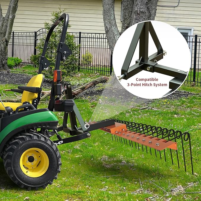 48" Durable Pine Straw Rake Steel Spring Landscape Rake Fits 2" Receiver for Lawn Tractors or ATV/UTV，Orange