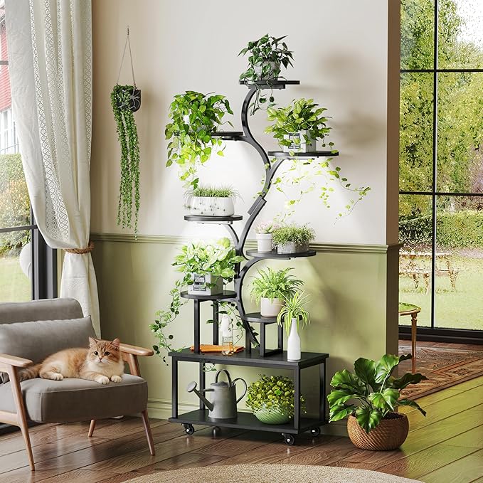 PRAISUN 63.6 Inch Plant Stand with Grow Lights, 9 Tiered Indoor Plant Shelf with Larger Flower Holder, Curved-tubed Design, 3 Light Modes, Movable Wheels, Corner Plant Rack for Living Room, Black