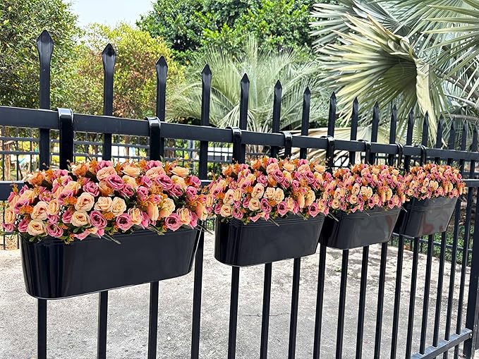 Hanging Planters for Outdoor Plants, 17" Railing Planter Pots, Metal Fence Flower Pot for Porch Balcony with Detachable Hook (Black, Pack of 2)