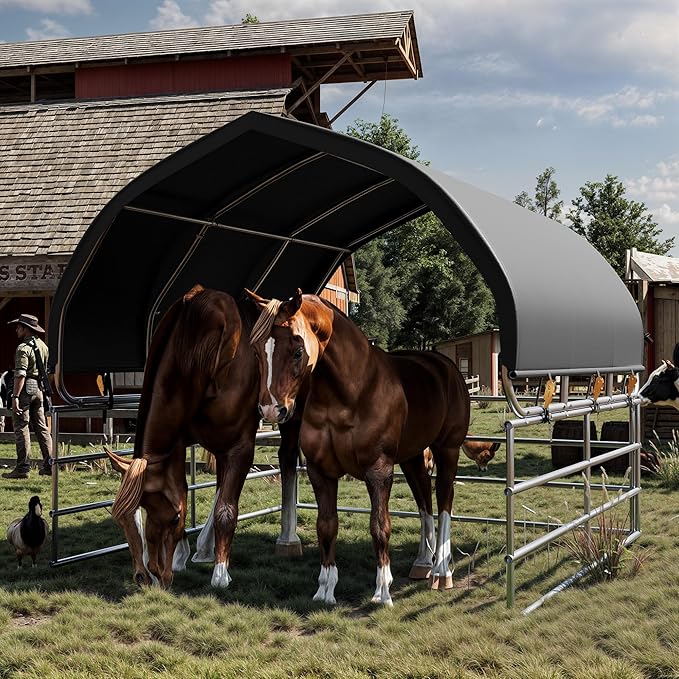 YOLENY 12'x12' Gray Corral Shelter, Heavy Duty Round Style Canopy, Waterproof and UV Treated Universal Cover, Easy Assembly Stable and Agricultural Storage and Shade Shed Kit for Livestock