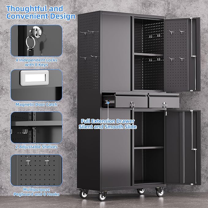 Garage Storage Cabinet with Wheels and Doors,71" H Metal Storage Cabinet with Pegboard and 2 Drawers for Garage, Warehouse,Home,Required Assembly,Black
