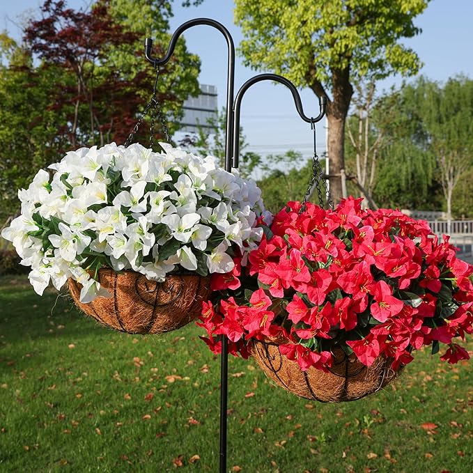 Artificial Hanging Flowers Faux Plants Basket for Outdoors Spring Summer Decor, Fake Silk Bougainvillea in Planter Outdoor Look Real UV Resistant Faux Flower for Outside Porch Patio Garden Home, White