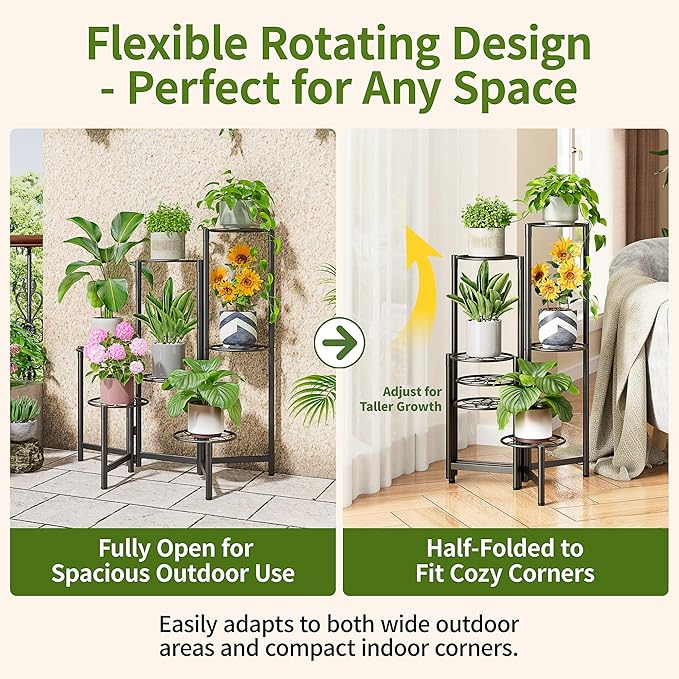 7 Tier Metal Patio Plant Stand Outdoor, Heavy Duty Flower Stands for Indoor Plants, Floding Tall Corner Shelf for Diaplay Racks for Home Decor, Graden, Balcony -BlackDiamond