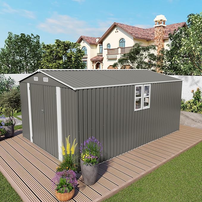 10x14 FT Outdoor Storage Shed,Metal Shed W/ 3 Lockable Doors & Window,Garden Tool House W/ 4 Air Vents & Sloped Roof,All Weather Waterproof for Backyard,Patio,Lawn,Grey