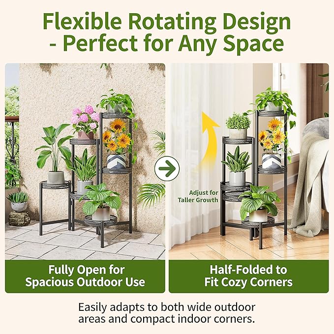 6 Tier Metal Plant Stand Indoor Outdoor, Corner Tall Plant Shelf for Multiple Plants, Foldable Heavy Duty Plant Holder, Decoration Flower Stand for Living Room Balcony Patio Garden- BlackWave