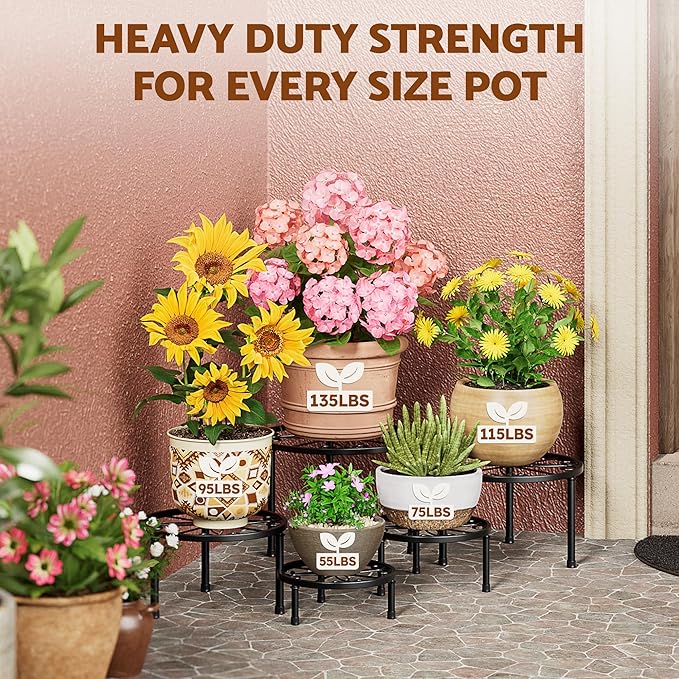 5-Pack Metal Plant Table Stand for 7-12 Inch Trays, Heavy Duty Flower Pot Stands for Multiple Plant, Anti-Rust Iron Plant Pot Shelf, Decorative Plant Racks for Indoor & Outdoor(BlackS)