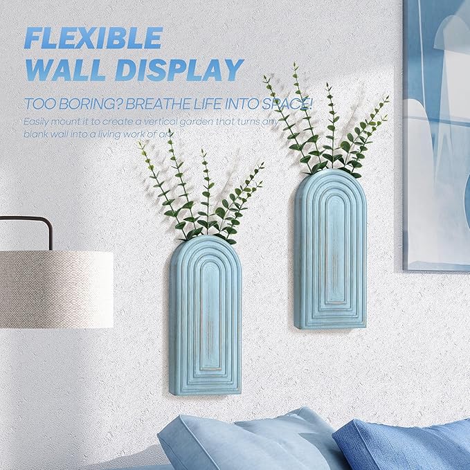 EOSAHR Pine Wood Boho Decor Wall Vases Set of 2– Decorative Wall Decor for Living Room, Bedroom & Bathroom – Coastal Hanging Planters for Indoor Plants, Fake Plants (Blue)