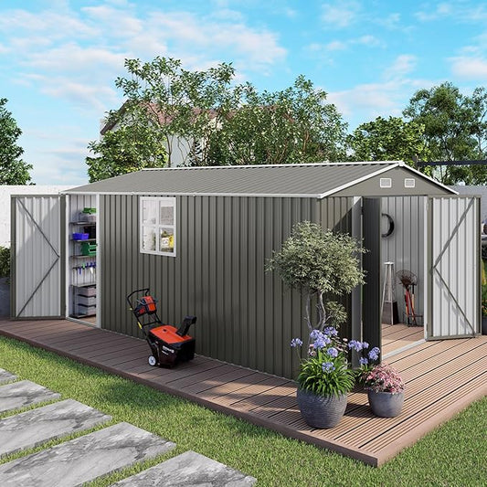 10x14 FT Outdoor Storage Shed,Metal Shed W/ 3 Lockable Doors & Window,Garden Tool House W/ 4 Air Vents & Sloped Roof,All Weather Waterproof for Backyard,Patio,Lawn,Grey