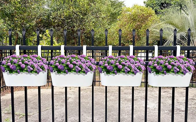 Hanging Planters for Outdoor Plants, 17" Railing Planter Pots, Metal Fence Flower Pot for Porch Balcony with Detachable Hook (White, Pack of 8)