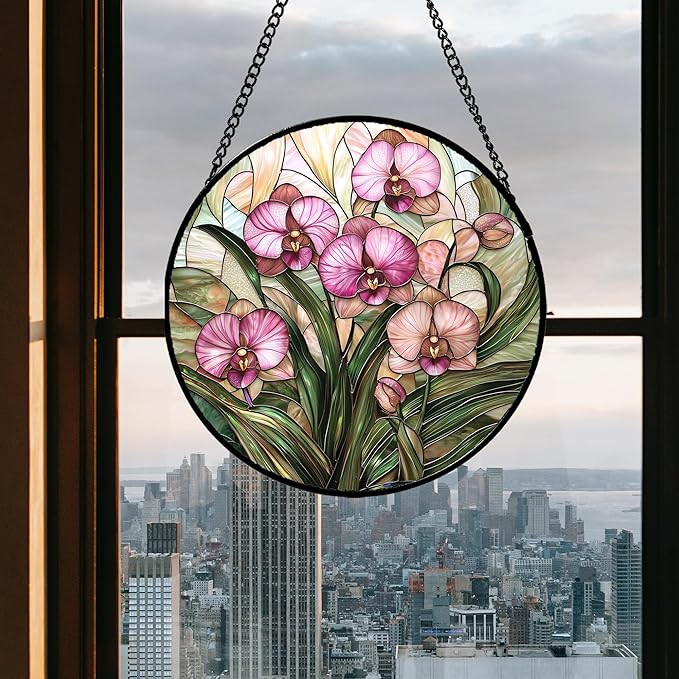Stained Glass Window Hanging - Pink Phalaenopsis Orchid Green Leaves Sun Catcher for Door Home Decor Flower Suncatcher Christmas Mother's Day Birthday Gifts for Women Men Mom Nana 7.8 in