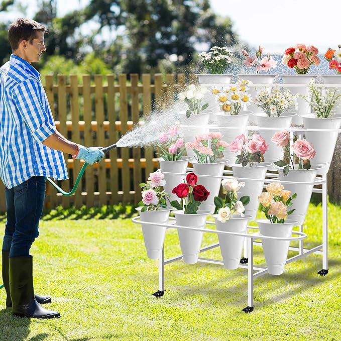 Floral Display Stand with 16 White Flower Baskets 4-Layers Cart Display Stand with Wheels ,Sturdy Mobile Flower Bouquet Rack for Courtyard, Garden, Flower Shop, with Lockable Rotating Wheels (White)
