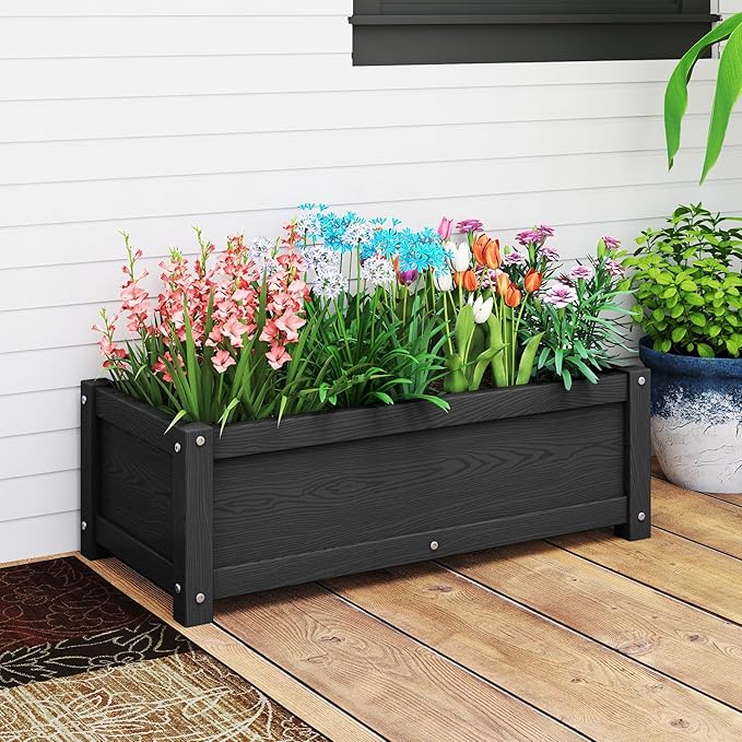 HDPE Raised Planter Box Outdoor,Rot-Resistant and Non-Cracking,Raised Beds for Gardening 29.5 * 14.4 * 9.8 in for Yard,Lawn,Outdoor Planter Boxes Rectangle with Drainage Holes Black