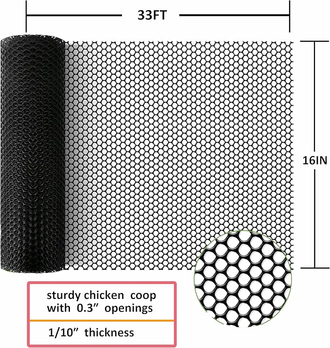 Upgraded Plastic Chicken Wire Fence Mesh(16INx33FT) - Black/Green/White Colors 0.3" Openings,for Garden Net, Poultry Fencing, Chicken Wire Frame,Animal Cage Fence,Floral Netting (Black)