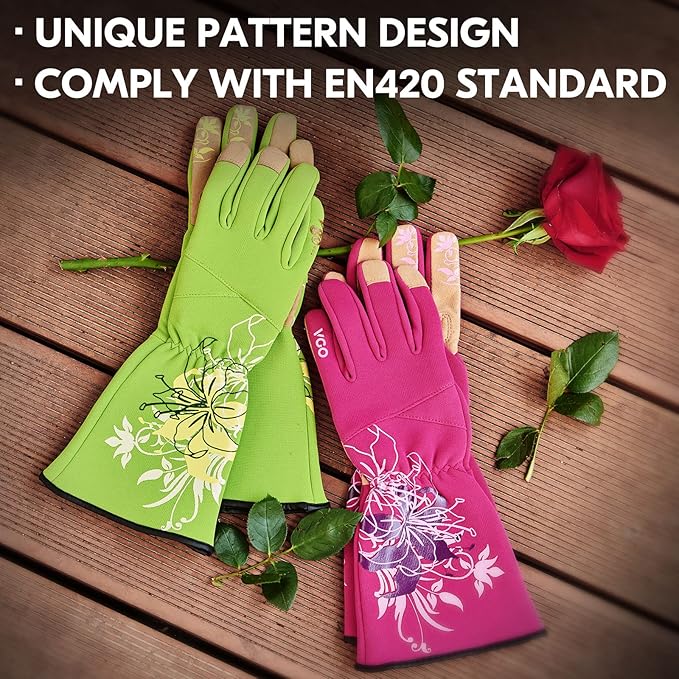 Vgo... 1-Pair Ladies' Synthetic Leather Gardening Gloves, Long Sleeves Gauntlet, Breathable & Grip Work Gloves, High Dexterity, Washable (Size L, Red, SL7445)