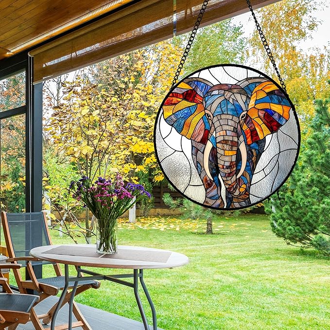Stained Glass Window Hanging, Colorful Elephant Sun Catcher for Door Home Decor Animal Suncatcher Christmas Mother's Day Birthday Gifts for Women Men Mom and Nana 7.8 in