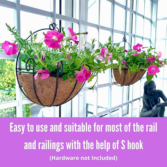 Shoplala Wall Planters Outdoor Plants (10 Inch, 6 Pack) Balcony Planters Railing Hanging Fence Planter Over Railing with Coco Liner, Wall Mounted Flower Basket Black Metal Wire Deck Porch Patio Garden