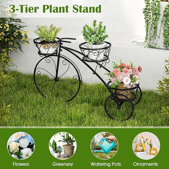 Tricycle Plant Stand, 3-Tier Metal Plant Stand Bicycle Flower Pot Cart with Hollowed Baskets, Planter Potted Holder for Patio, Garden, Deck, Lawn (Black)