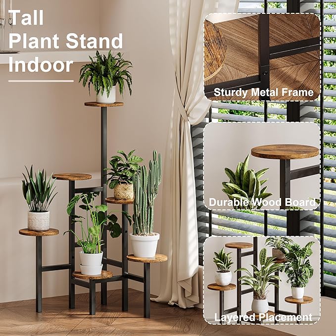 6 Tier Corner Plant Stand Indoor Outdoor, Tall Large Plant Shelf for Multiple Plants, Tiered Flower Pot Holder, Metal Display Plant Shelves for Living Room, Balcony, Patio, Garden(Rustic Brown)GPS514R