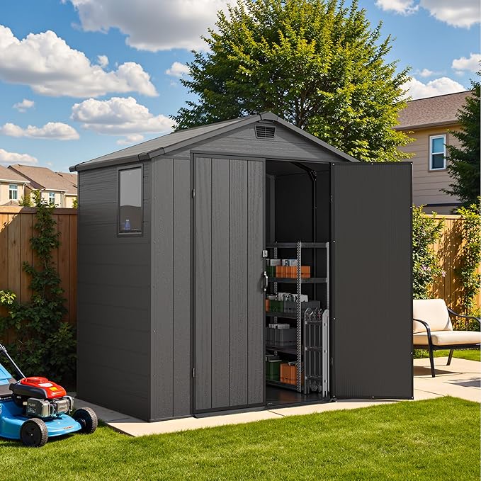 Devoko 6x4 FT Plastic Storage Shed, Outdoor Resin Garden Shed with Floor, Waterproof Tool Storage Shed with Lockable Door and Window for Patio, Garden, Backyard, Dark Gray