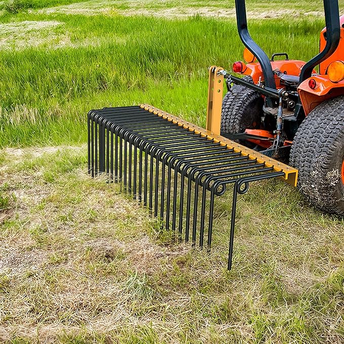 YINTATECH 60" Steel Pine Straw Rake, 3 Point Quick Hitch Landscape Rakes with 26 Durable Springs Landscape, Powder Coated Tow Behind Rake for Cat-1 Tractor to Collect Leaves for Garden, Yard, Lawn