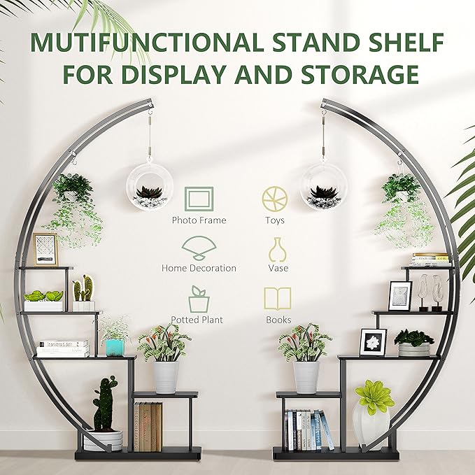 5 Tier Metal Plant Stand Indoor, 67.25“ Tall Half Moon Shape Multiple Stand Holder Shelf Planter Display, Hanging Shelf Flower Stand Ladder for Patio Garden Living Room, Black Set of 2