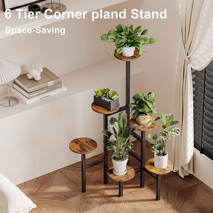 6 Tier Corner Plant Stand Indoor Outdoor, Tall Large Plant Shelf for Multiple Plants, Tiered Flower Pot Holder, Metal Display Plant Shelves for Living Room, Balcony, Patio, Garden(Rustic Brown)GPS514R