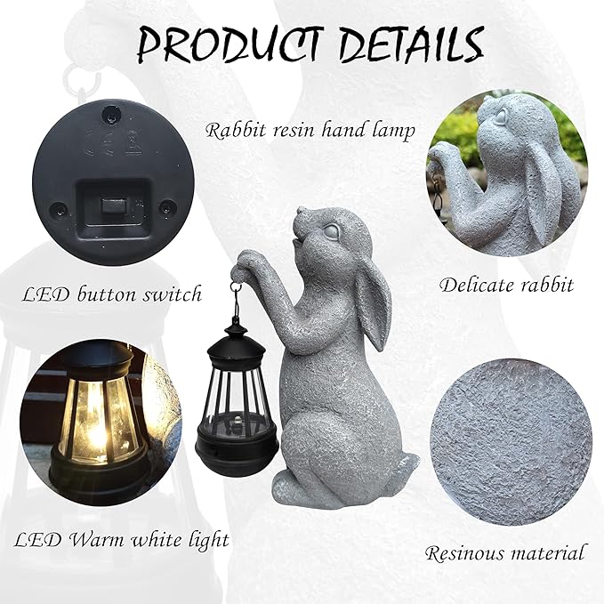Rabbit Solar Garden Outdoor Statues,Resin Rabbit Figurine Decorations with Solar Lights Lantern, Outdoor Resin Bunny Decor for Lawn,Yard, Unique Housewarming Gift for Garden Home