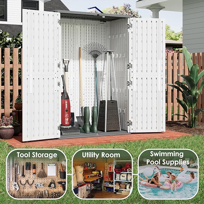 KAMABOKO Outdoor Storage Cabinet 61 Cu.Ft Outdoor Trash Can Storage Shed Waterproof Horizontal Storage Shed Outdoor Storage for Backyard, Patio, Poolside (White)