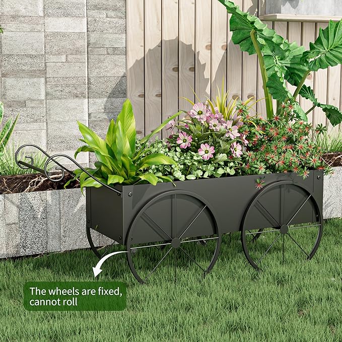 Small Raised Garden Bed Outdoor with Wagon Wheels, Metal Wagon Planter Box, Decorative Garden Planter for Flowers Herbs Vegetables, Flower Cart for Patio, Balcony (Black)