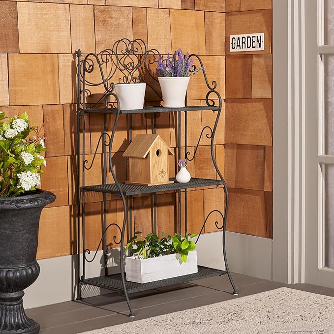 SAFAVIEH Outdoor Collection Torus Victorian Scroll Antique Black 3-Tier Shelf (Fully Assembled)