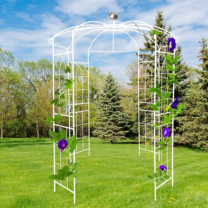 Metal Garden Trellis Arbor Arch Gazebo Birdcage Shape, Off White Pergola Pavilion fpr Climbing Plants Rack French Style Wedding Decoration Lawn