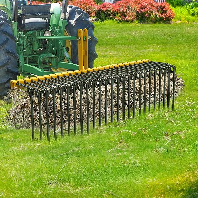 YINTATECH 60" Steel Pine Straw Rake, 3 Point Quick Hitch Landscape Rakes with 26 Durable Springs Landscape, Powder Coated Tow Behind Rake for Cat-1 Tractor to Collect Leaves for Garden, Yard, Lawn