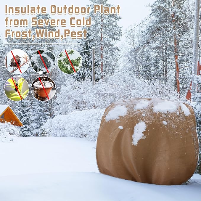 6 Pcs Winter Plant Covers Freeze Protection Reusable Plant Protector Bag with Drawstring Warm Shrubs Cover Frost Protection Planting Jacket Bags for Outdoor Garden, Brown (39.4 x 39.4 Inch)