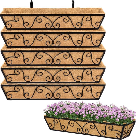 Y&M 30 Inch Butterfly Window Deck with Coco Liner, Fence Metal Hanging Flower Planter Window Basket Deck Railing Planter Boxes for Outdoor Garden Lawn 6pcs