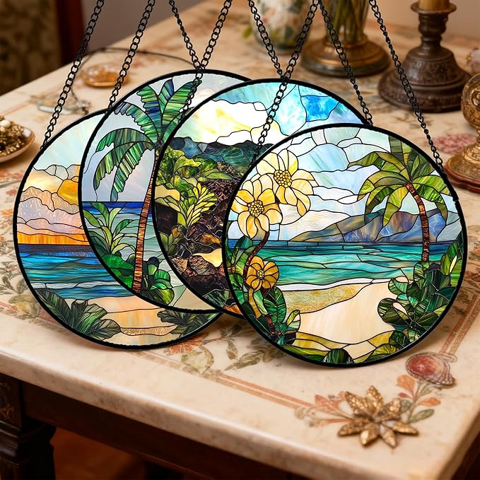 Stained Glass Window Hanging 4 Pcs Set Blue Ocean Coconut Tree Scenery 7.8" - Suncatcher Door Garden Sun Catcher Decor Birthday Christmas for Mom Woman Nana Men