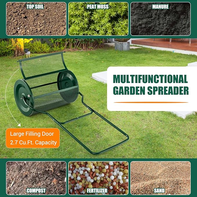 Goplus 24" Compost Spreader, Peat Moss Spreader w/Upgrade U-Shaped Handle, Side Latches, Heavy Duty Metal Mesh Lawn Roller for Topdressing & Seedling, Garden & Lawn Yard Care Manure Spreader, Green
