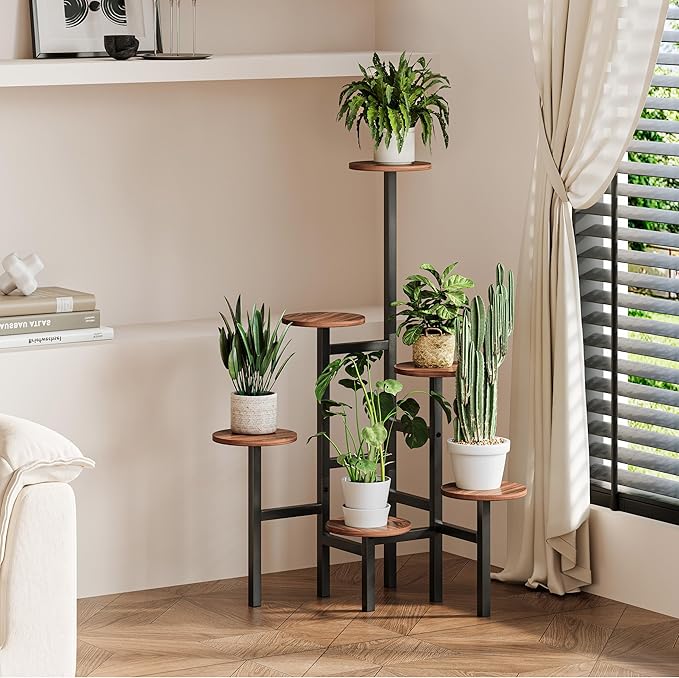 6 Tier Corner Plant Stand Indoor Outdoor, Tall Large Plant Shelf for Multiple Plants, Tiered Flower Pot Holder, Metal Display Plant Shelves for Living Room, Balcony, Patio, Garden(Walnut Brown)GPS514DB