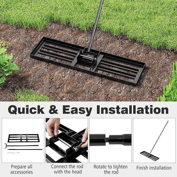 36" x 10" Lawn Leveling Rake, Heavy Duty Landscape Rake with 67" Handle, Non-Slip Grip & Flat Head, Space-Saving Lawn Level Tool for Garden, Backyard, Golf Course & Sports Field(Black)